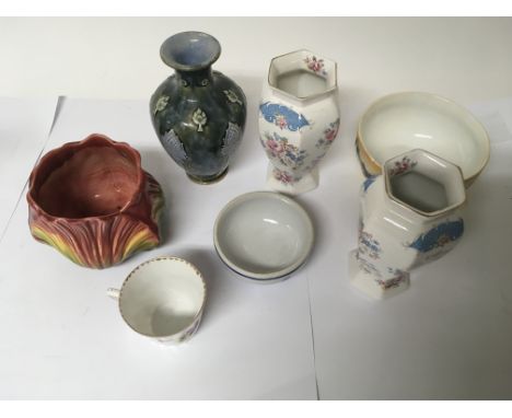 A Clarice Cliff jug with various Victorian ceramics and later ceramic figures.