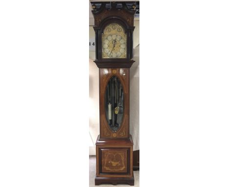A fine quality, large and impressive monumental Edwardian inlaid mahogany and satin wood long case clock with Arabic numerals