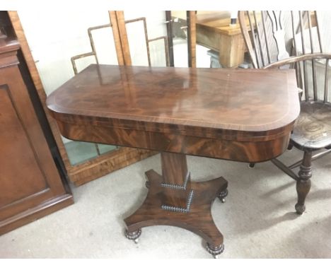 A late George III mahogany card table, approx 91.5cm x 45.5cm (91cm when opened) x 74cm.