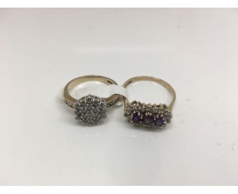 Two 9ct gold rings; one set with three amethyst. Weight approx 6g Size approx O & R