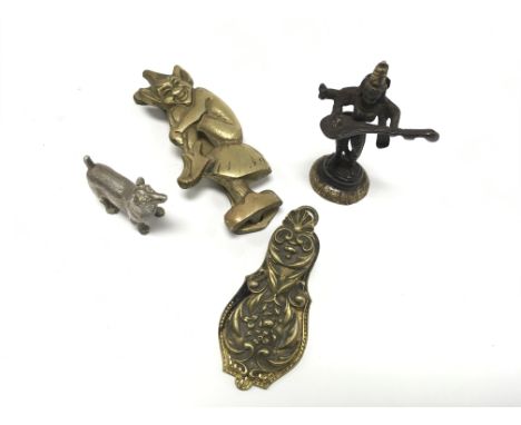 Small oriental figure playing musical instrument brass pixie door knocker, brass letter holder s/plated dog (4)