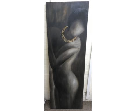A large contemporary mixed media canvas painting of a stylised nude, by Danish artist Jens Kjaer, signed.Approximately 50x150