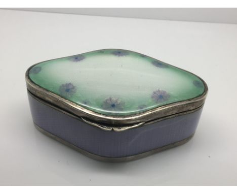 A fine diamond shaped Swiss silver and guilloche enamel ring box with guilded interior.Approximately 9.5cm long