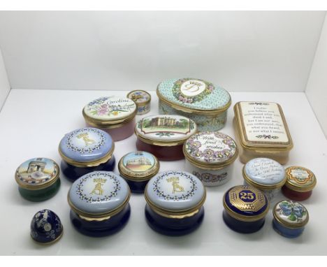 A collection of Halcyon Days Enamel boxes of various design and shape.