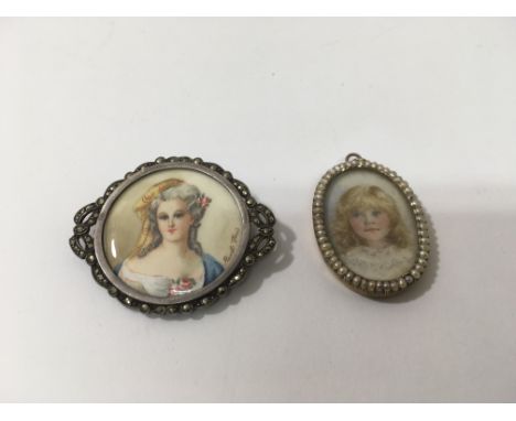 A miniature portrait surrounded by seed pearls and one other miniature in a frame inset with marcasite.