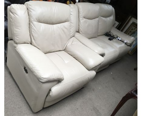 A contemporary cream leather reclining sofa and matching chair.Approximately size of sofa 1.68mx86cm wide