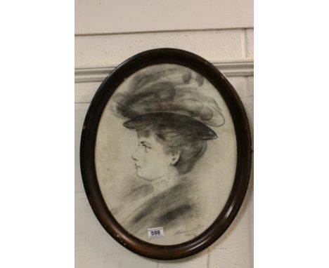 Early 20th C signed oval pastel of a lady in plumed hat 