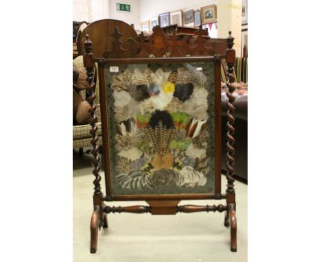 Early 20th century Mahogany Framed Firescreen with Barleytwist Supports, the central panel set with a display of decorative f