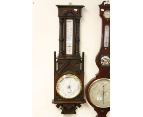 Late Victorian Oak Cased Aneroid Barometer and Thermometer 