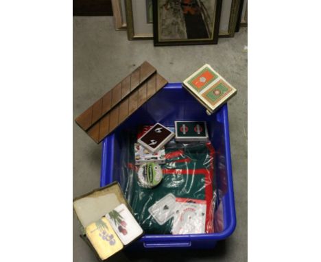 Two playing card table covers with decoration plus packs of playing cards 