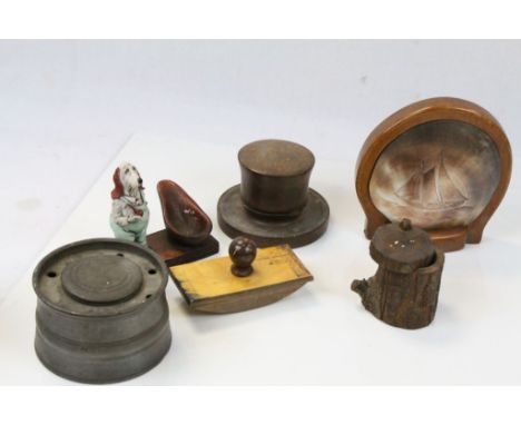 Mixed lot including Two Treen Inkwells, Pewter Capstan Inkwell, Wooden Bookend with Mother of Pearl Shell Plaque etched with 
