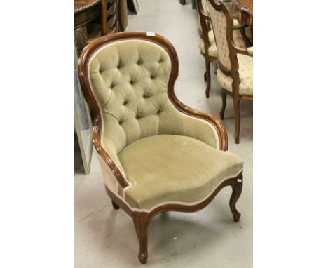 Victorian Style Button Back Salon Chair upholstered in Green Fabric and raised on cabriole legs