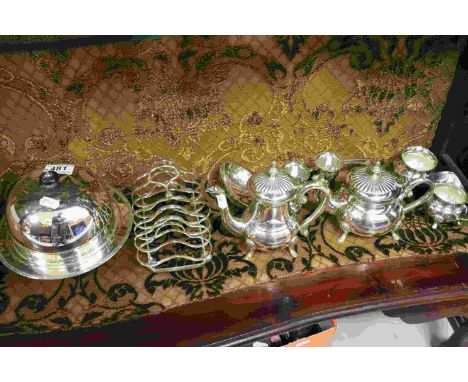 Collection of Silver Plate including a Small Four Piece Tea Service, Muffin Dish, Toast Rack, Ladle, etc