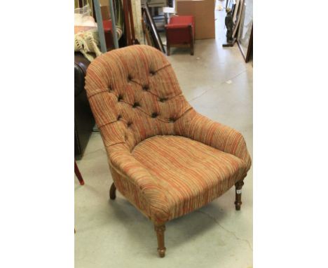 Victorian Style Button Back Armchair upholstered in pink and green stripped ribbed fabric