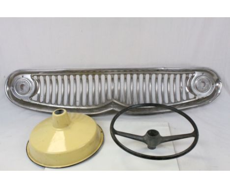 Vintage Chrome Car Grill and Morris Minor Steering Wheel plus Industrial Style Yellow Enamel Light Shade