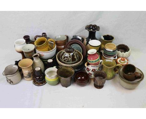 Two Trays of Mixed Studio Pottery including Celtic Newlyn Pottery, Mosse Pottery, Jersey Pottery plus Salt Glazed Jugs, etc