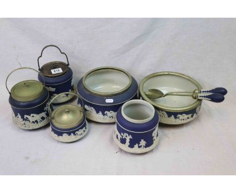 Four Adams Tunstall Jasperware Biscuit Barrells and Two Salad bowls, one with serving tongs, all with Hunting themes and vari