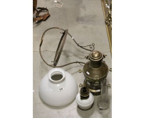 Oil Lamp in the form of a Brass Ships Lantern together with a Hanging Oil Lamp with White Glass Shade