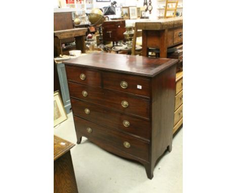 Antique mahogany chest of three long two short drawers on swept bracket feet