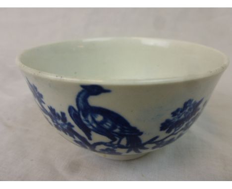 An early Worcester / Caughley blue and white tea bowl, birds in branches design, diameter approximately 8cm, blue crescent/ C