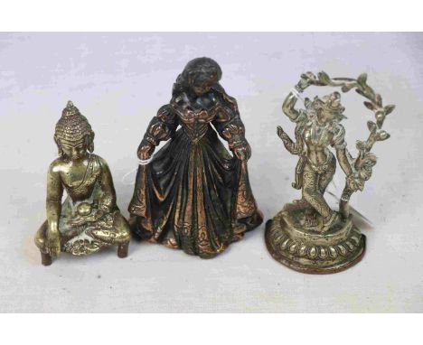 Vintage White Metal Indian Goddess, Vintage Brass Indian Buddha and Bronze Effect Figurine of a Maiden in a Ball Gown