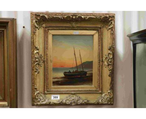 Oil Painting on Canvas of a Sailing Boat and Figures coming ashore signed K E Dalglish, 25cms x 20cms, contained in an ornate