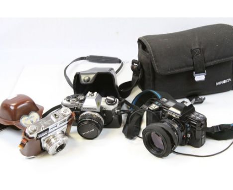 Minolta 7000 Camera with Flash in Soft Case, Cased Olympus OM10 Camera and Cased Kodak Retinette IB Camera