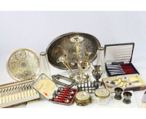 Mixed Lot including Silver Plated Epergne, Oval Gallery Tray, Pair of Glass Vases with Silver Rims, Cased Cutlery, Loose Cutl