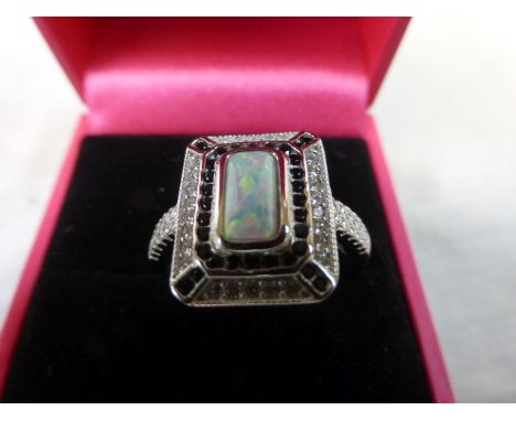 Silver Art Deco Style Ring set with CZ's abd Sapphires with Opal Panel