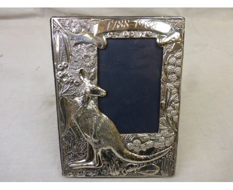 Brtiannia silver rectangular easel photograph frame depicting a Kangaroo, flowers and berries, date inscription "1788-1988", 