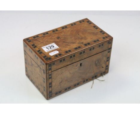 Georgian Burr Walnut Tea Caddy inlaid with various specimen woods, the hinged lid opening to reveal two lidded lined compartm