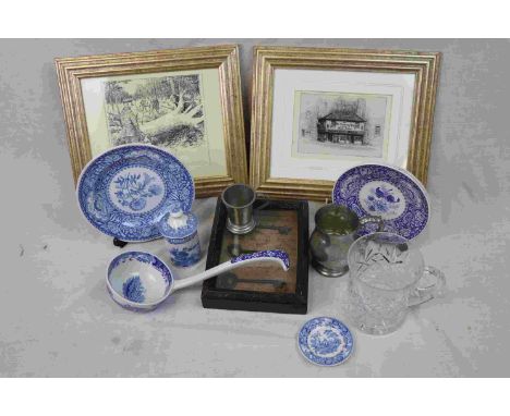 Collection of Spode Blue and White including a Ladle, Spice Jars and Plates plus Pewter Mugs, Key Diorama and Pictures