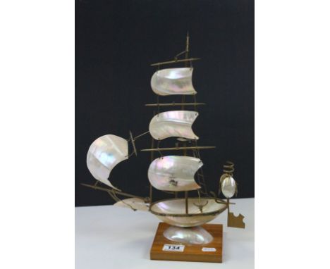 Model of a Gilt Brass Framed Sailing Boat, the sails and the hull made from Mother of Pearl