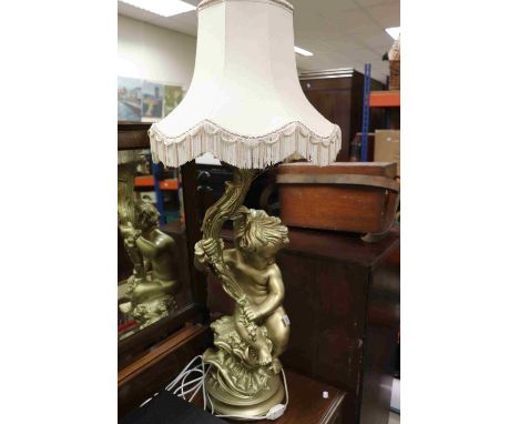 Large Plaster Cherub Table Lamp and Shade, 70cms high without shade