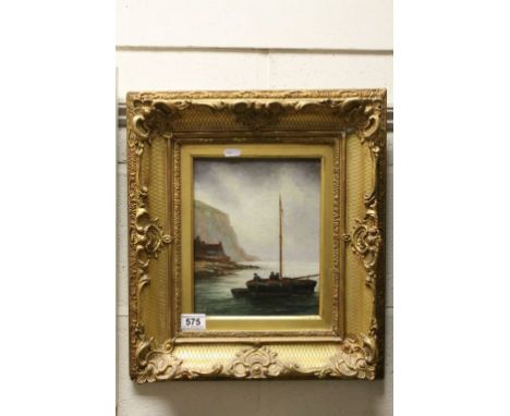 Early 20th century Oil on Canvas of Folk in Fishing Boat close to Coast Line signed K E Dalglish contained in an Ornate Gilt 