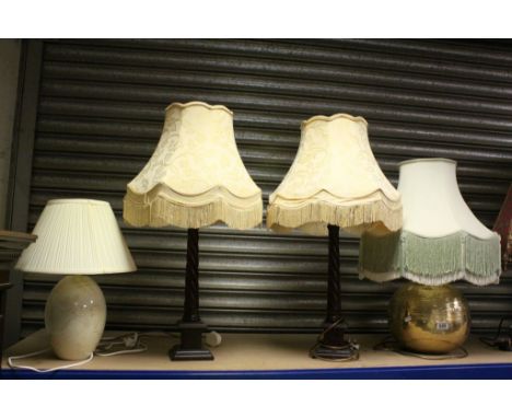 Brass Bulbous Table Lamp and Shade, Pair of Oak Twisted Table Lamps with Shades and a Ceramic Table Lamp with Shade