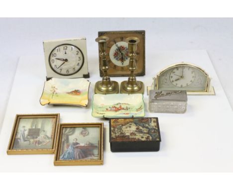 Group of smalls to include 3 clocks, 2 Doulton ashtrays (one with Hunting scene), tin , pair of brass candlesticks and 2 smal