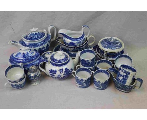 Collection of mainly 19th century Blue and White Tea Ware including Teapots, Cups, Saucers. Sauce Jug, Milk Jug, Sugar, etc 