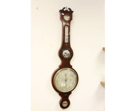19th century Mahogany Cased Wheel Barometer with Silvered Dry / Damp Dial, Thermometer, Circular Mirror, Silvered Dial Barome