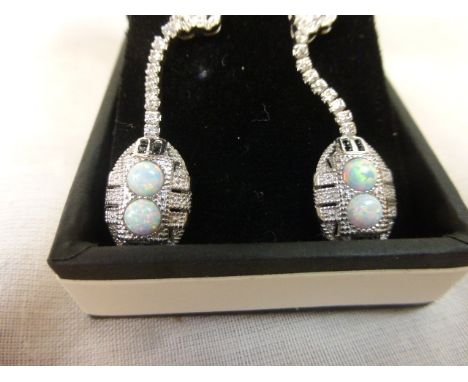 Pair of Silver CZ and Opal Drop Earrings