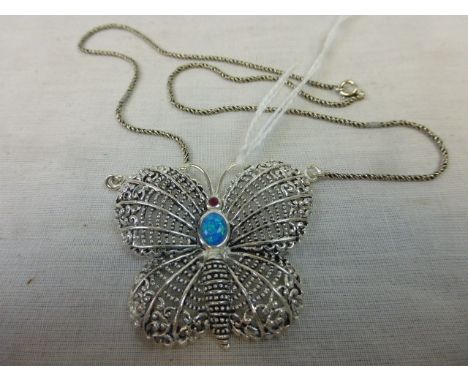 Silver and Marcasite Butterfly Pendant Necklace with Central Opal Panel