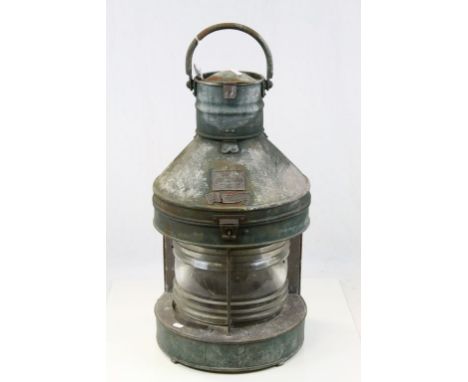 Large Copper and Metal Cased Ships Lantern with plaque reading ' Davey London approved 1924 regulation ship lamp ' and ' Mast