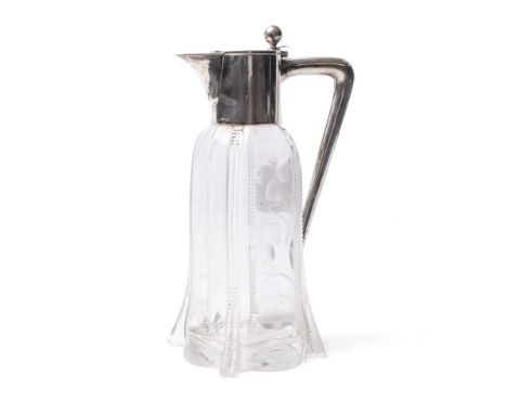 A Jugendstil Continental 800 silver topped claret jug, with angular handle, above fluid glass body with etched flowers, 26cm 