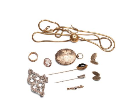 A 9ct gold set cameo brooch of oval form, 2 by 1.6cm, 2.0g, together with a colletion of jewellery including a 14ct headed ag