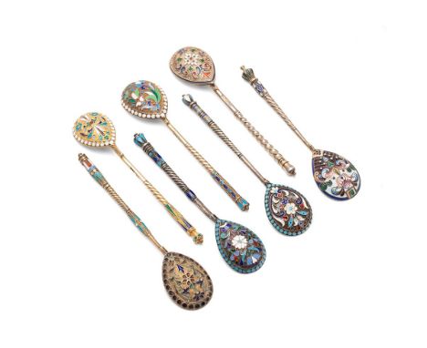 A group of seven Russian late 19th and early 20th century silver, silver gilt and cloisonne spoons, one St Petersburg 88 silv