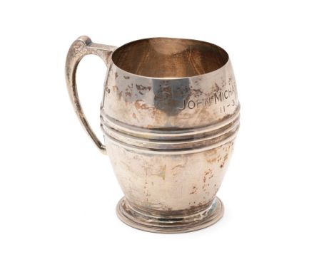 Silver christening mug in the form of a barrel, Sheffield 1939, 144.2g, James Dixon &amp; Sons Ltd, 8cm, engraved John Michae