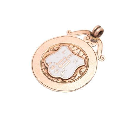 A 9ct gold and enamel LCC, fob, the enamelled decoration of having LCC above cricket stumps and ball, with 1909 below, Fantor