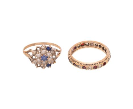 Two 9ct gold dress rings, comprising a garnet and white stone eternity ring, size M/N, and a sapphire and white stone flowerh