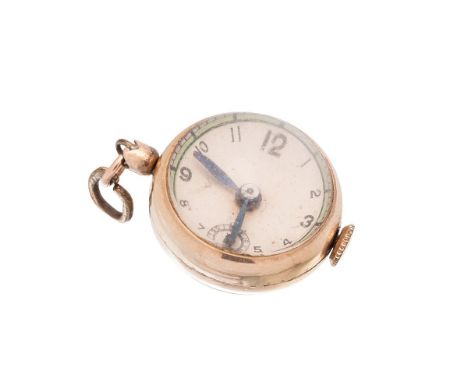 9ct gold cased spherical fob watch, arabic numerals with smaller subsidiary dial, base metal hanger, 21mm diameter, non worki