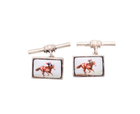 A pair of contemporary silver cufflinks with horse racing scenes (2).